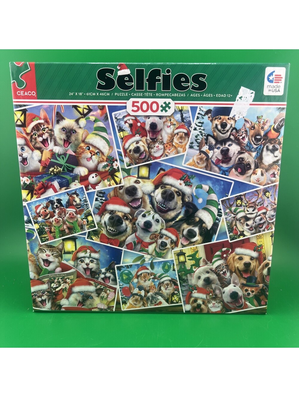 Ceaco Selfies 500 Piece Jigsaw Puzzle Christmas Holiday Dogs Cats VG